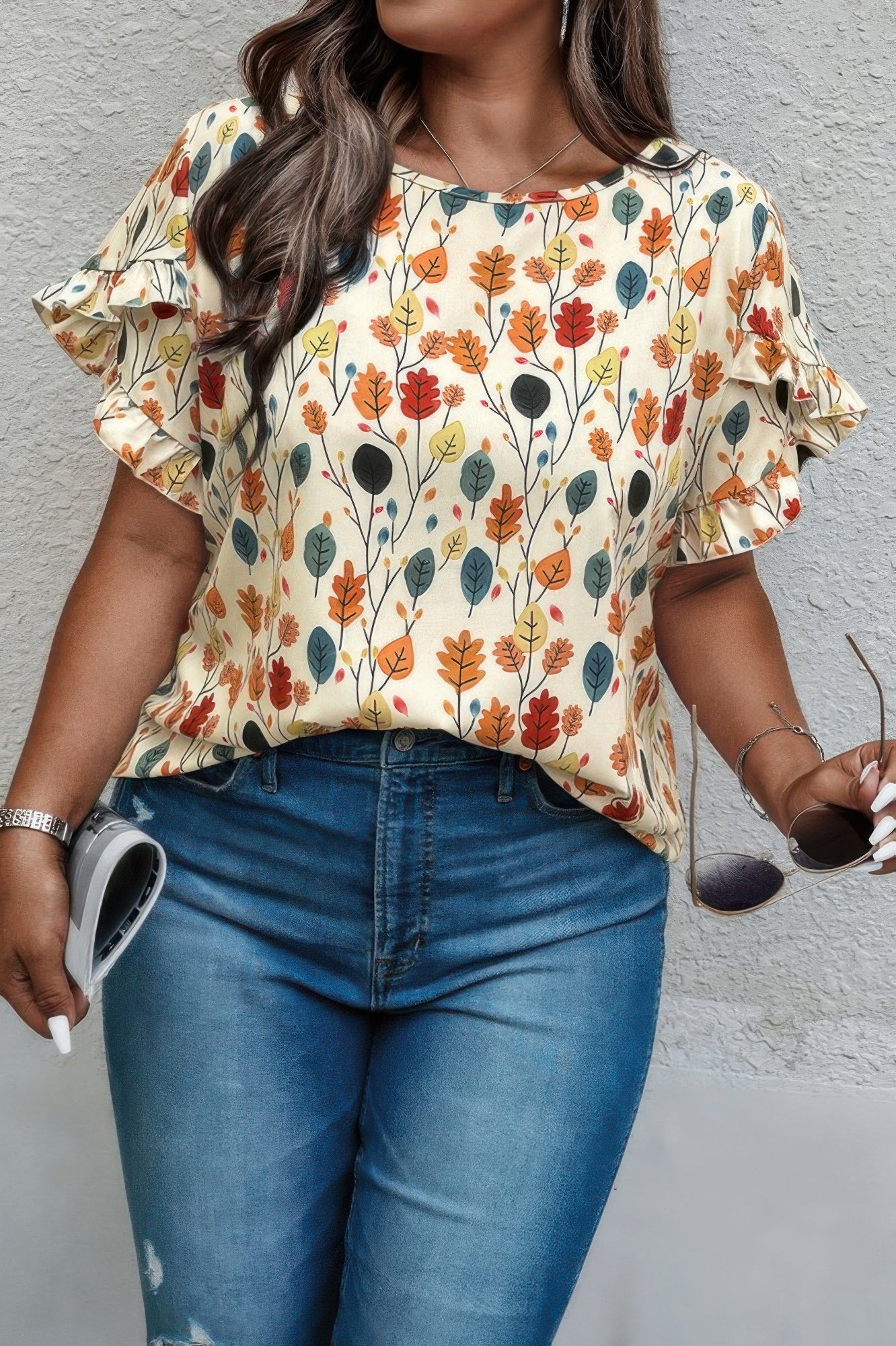 Plus Round Neck Floral Flounce Sleeve Loose Shirt - It's a Girly Place